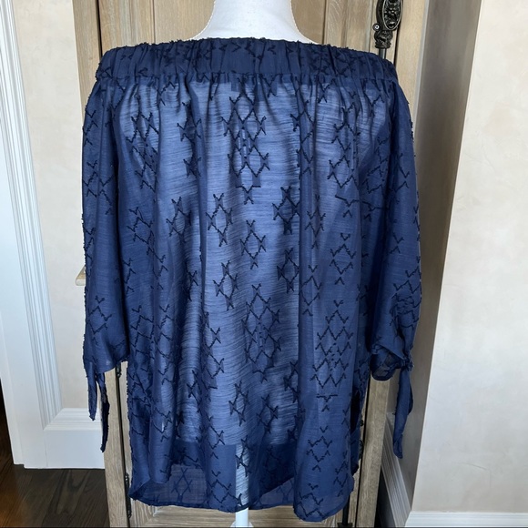 Eloquii Embroidered Off Shoulder Tie Sleeve Blouse Top in Navy plus size 18 - Picture 13 of 14